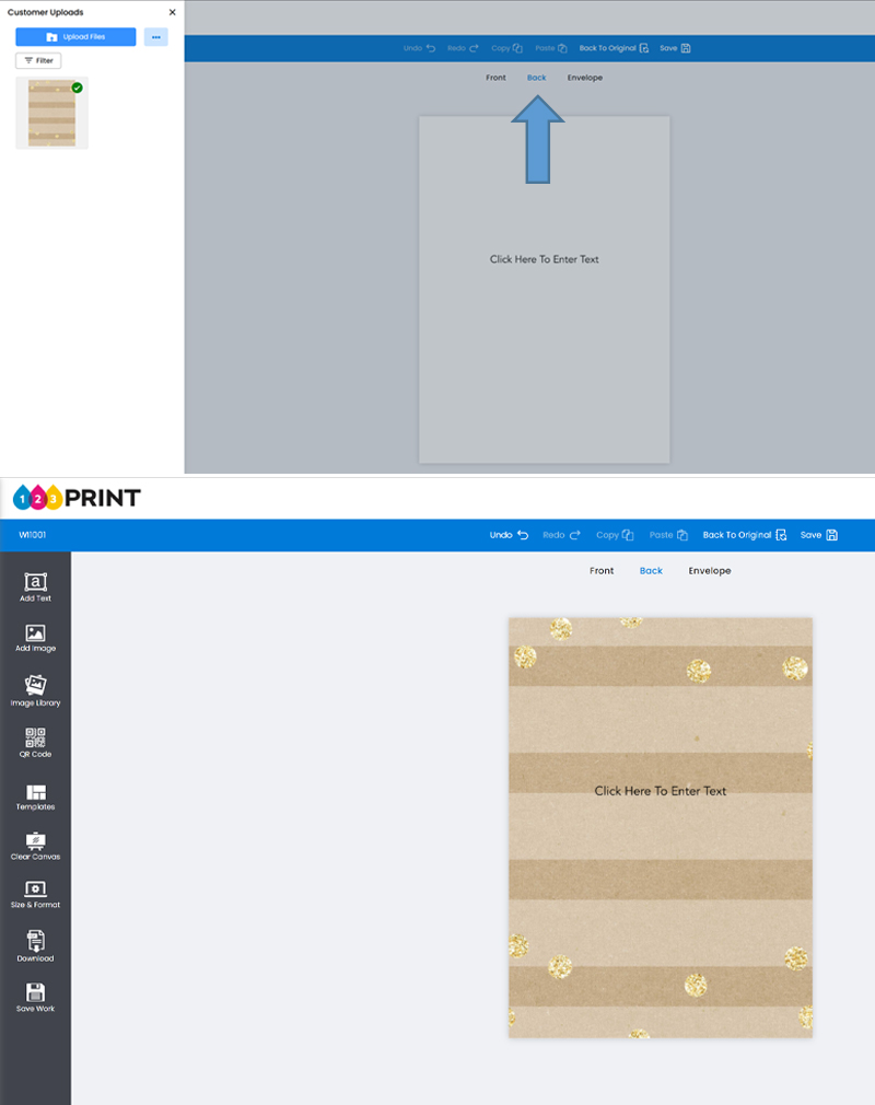 customize the back by clicking on the word back in the studio top center area