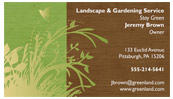 A business card with brown and green landscape design.