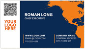 A business card with navy blue & orange imagery.