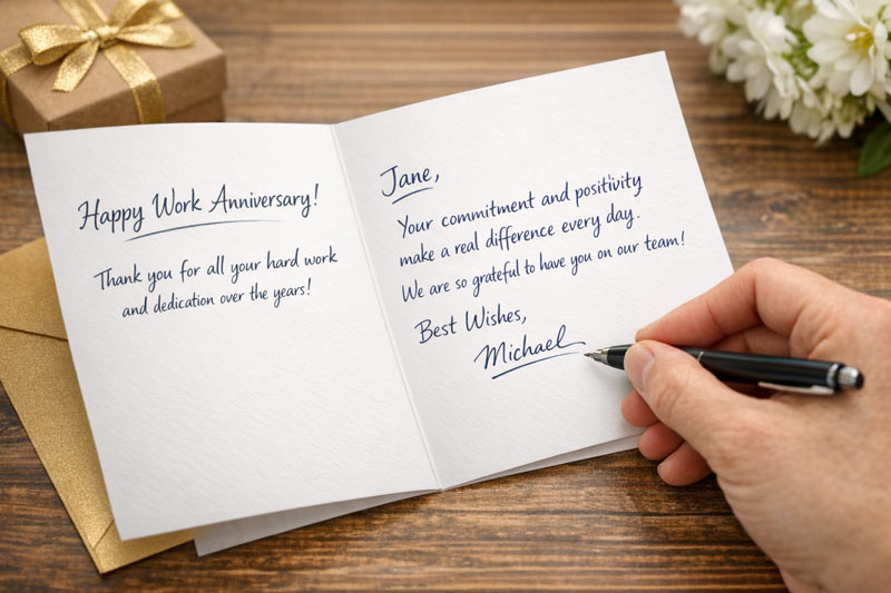 Handwritten employee anniversary card with personalized message