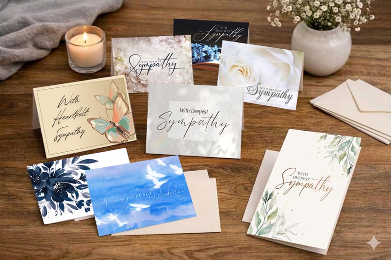 Assortment of sympathy cards displayed on a table