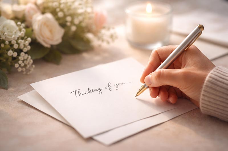 Person writing a sympathy card with pen and paper