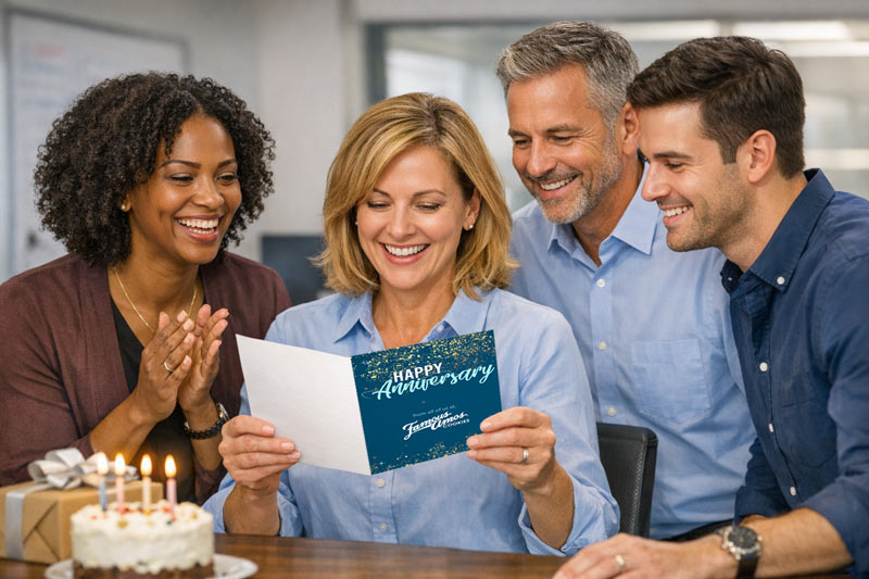 Team celebrating employee work anniversary with greeting card