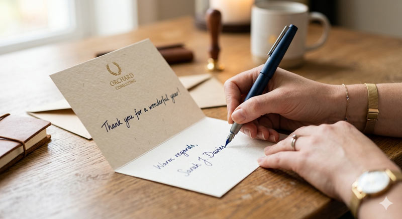 Business professional writing a handwritten greeting card to strengthen client relationships.