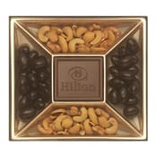 This custom chocolate gift box is available in gold and measures 7 3/4 x 7. Treats include milk chocolate, dark chocolate almonds and cashews.