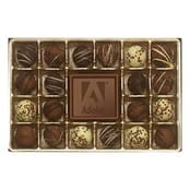 Comes with an assortment of 20 filled truffles professionally selected for your enjoyment. Truffles are placed around a customizable solid milk chocolate centerpiece featured in a gold box with matching ribbon.