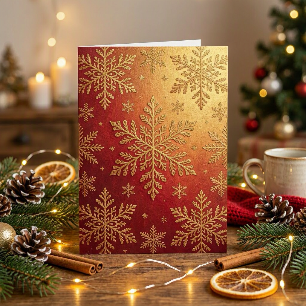 Custom AI-Generated Christmas greeting card displayed on a holiday table