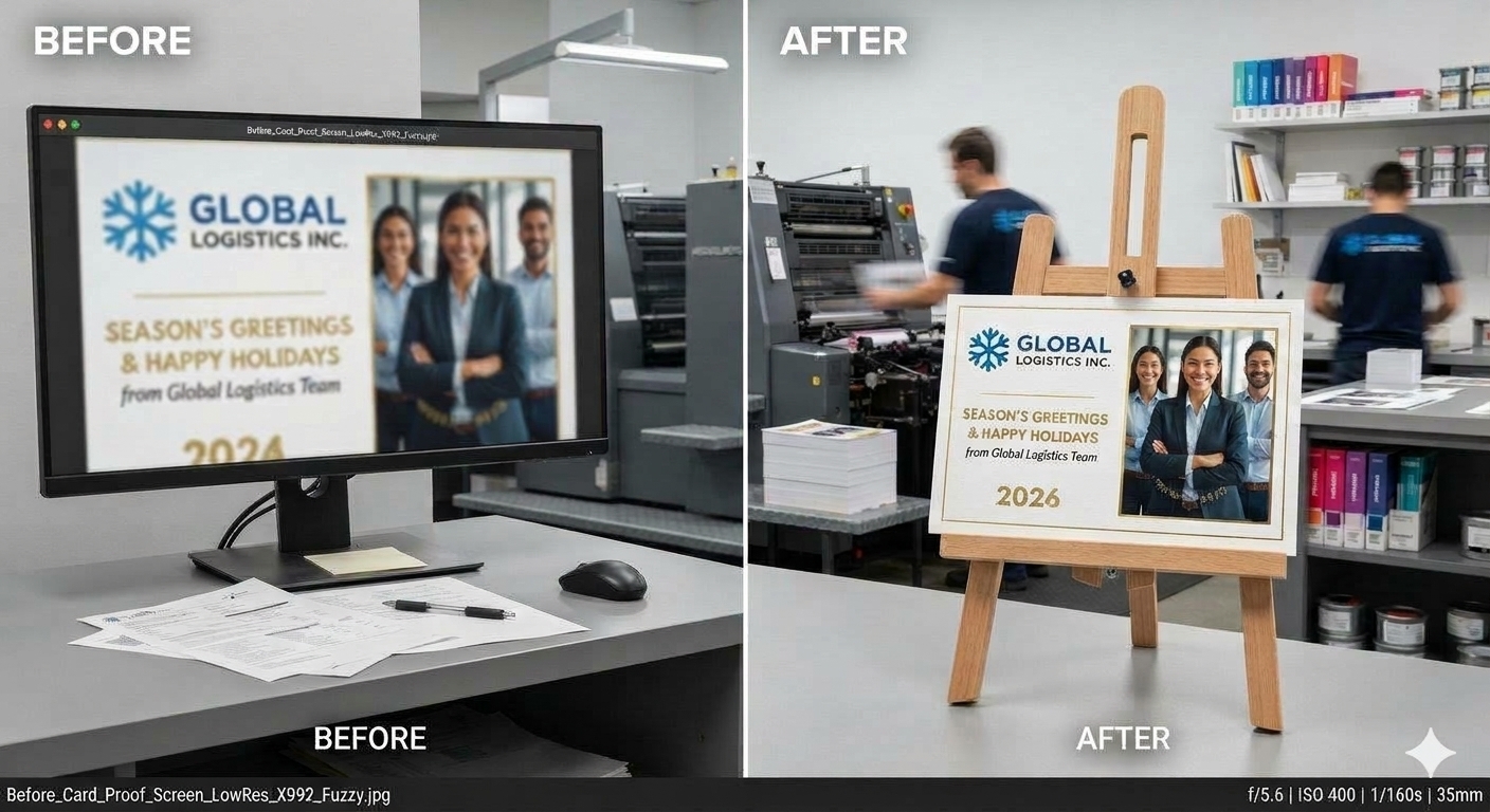Before and after comparison of AI-enhanced image resolution for printed holiday cards
