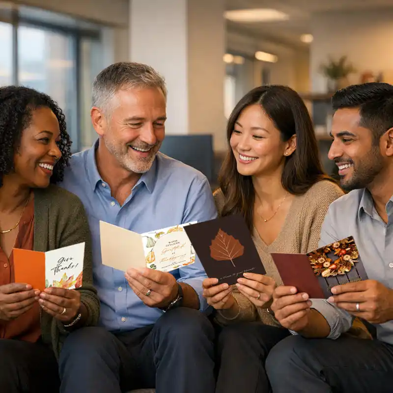 Employees reading Thanksgiving cards together in an office