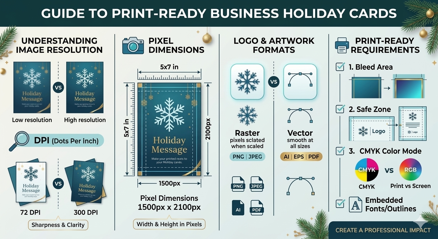 Guide showing recommended image resolution and DPI for holiday card printing