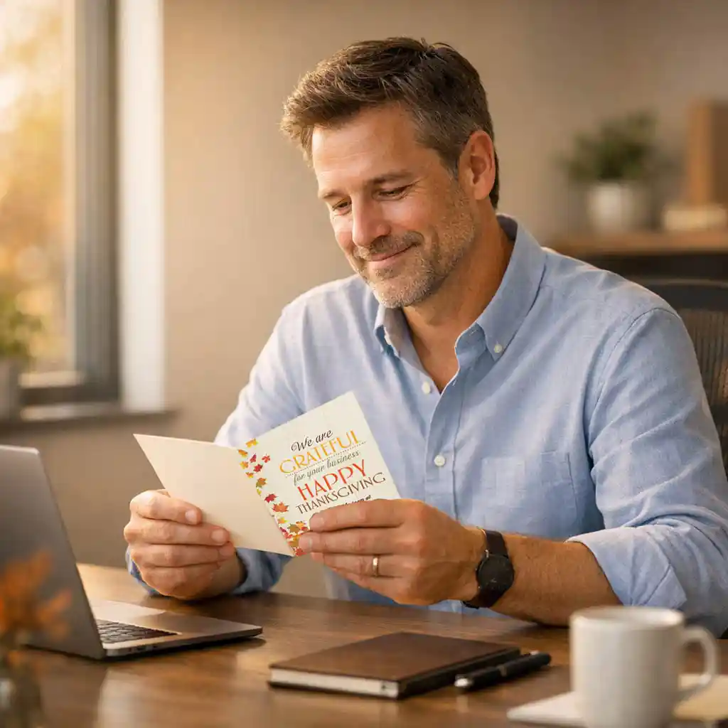 Business professional opening a Thanksgiving card at their desk
