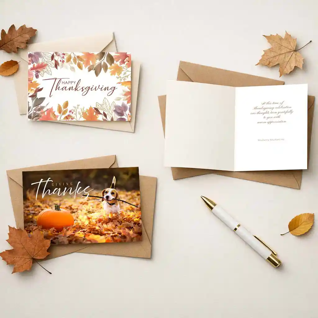 Flat lay of elegant Thanksgiving business cards with envelopes