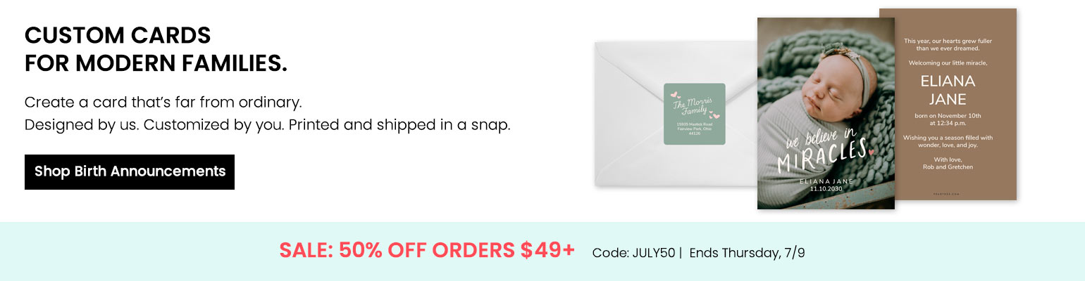 Shop birth announcements with JULY50 offer