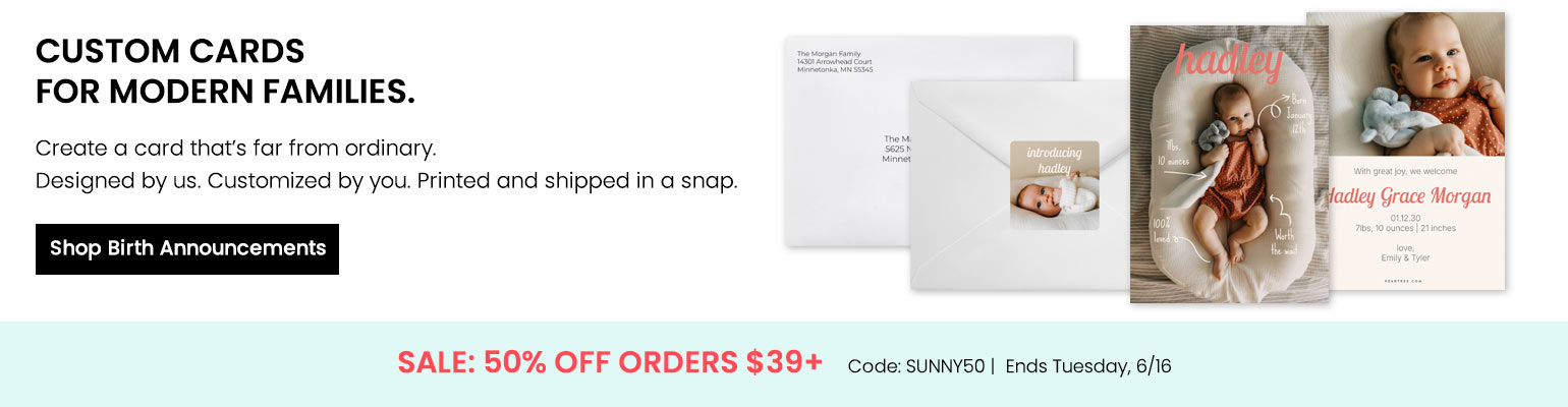 Shop baby shower invitations with JUNE50 offer