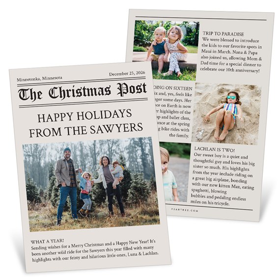 holiday card with family photo placeholders and newspaper layout