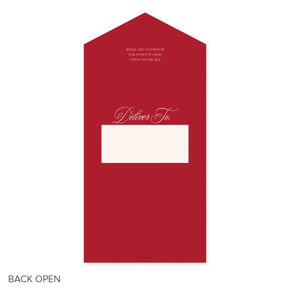 red Christmas card with photo placeholder and scripted text area
