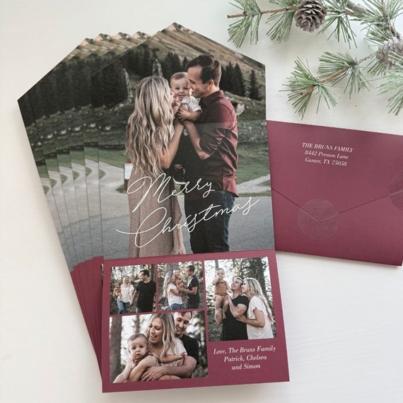 holiday card with photo placeholders and scripted text