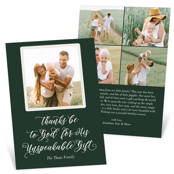 Dark green holiday photo card with white script greeting and framed family photo collage with a personalized name line