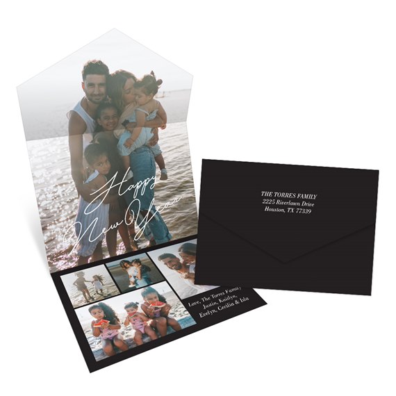 black new year card with photo placeholders and text
