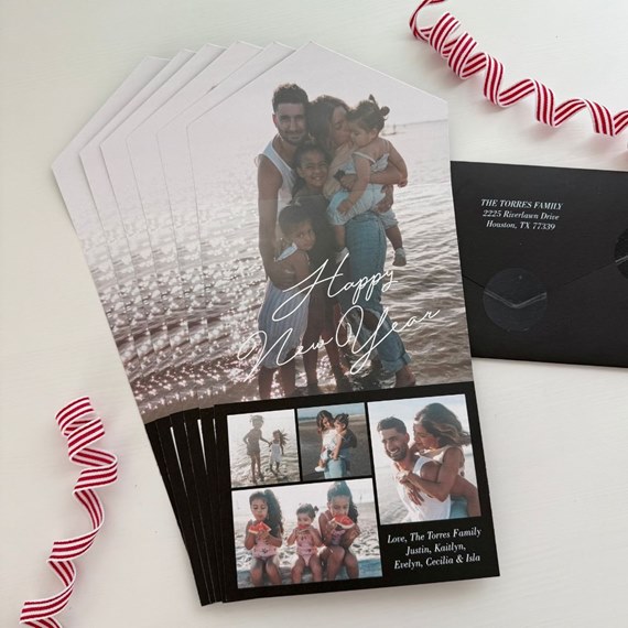 New Year card with photo placeholders and script text