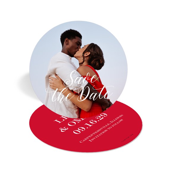 circular save the date card with photo placeholder