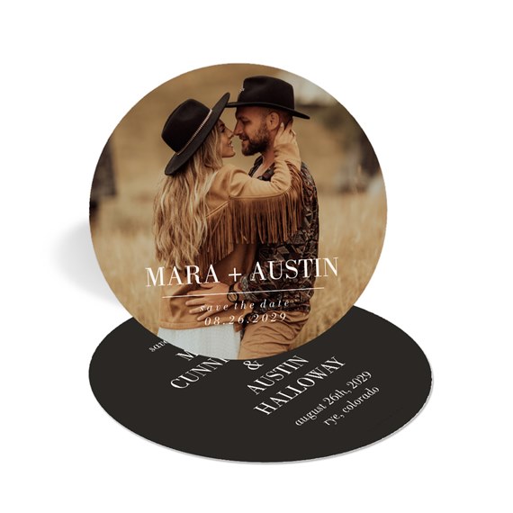 circular save the date card with photo area and text