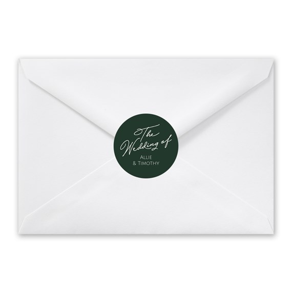 white envelope with dark green seal and customizable text area