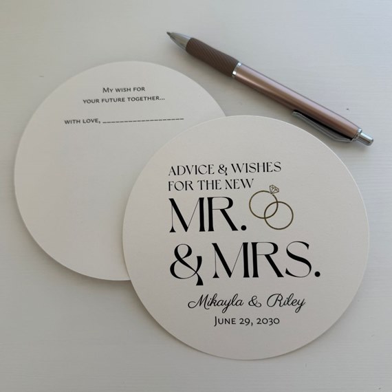 circular wedding advice card with text and ring graphic