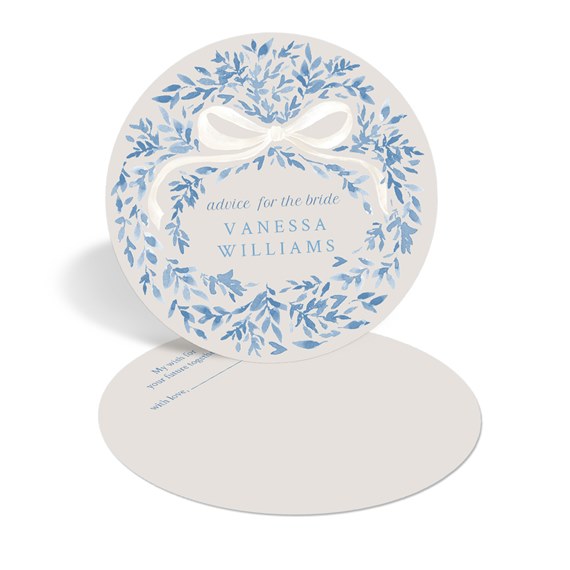round wedding advice card with floral wreath and customizable text area