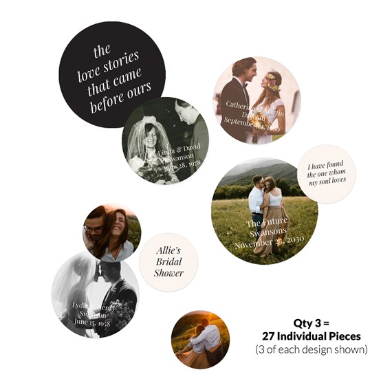 circular confetti pieces with text and photo areas