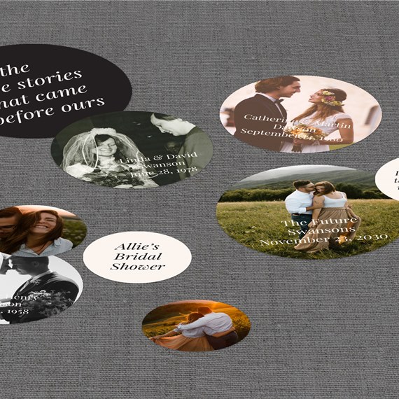 collage of circular photo placeholders with text on a textured gray background