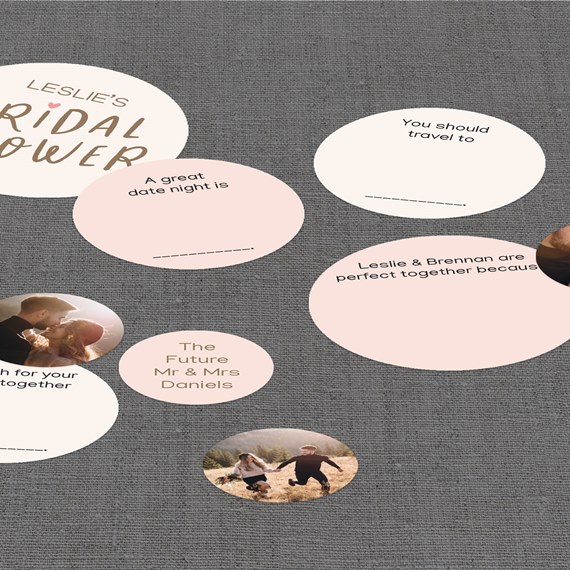 circular confetti design with text prompts and photo placeholders