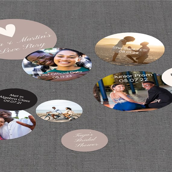 multiple photo placeholders with captions and dates on a gray background