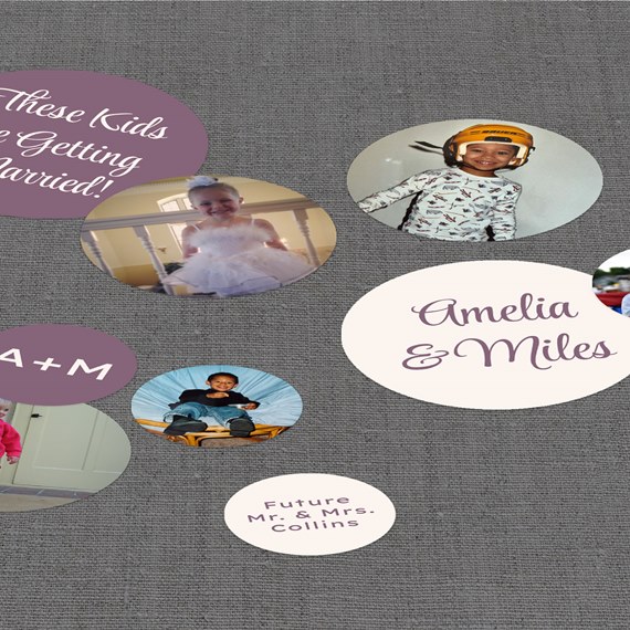 photo placeholder, circular frames, text elements