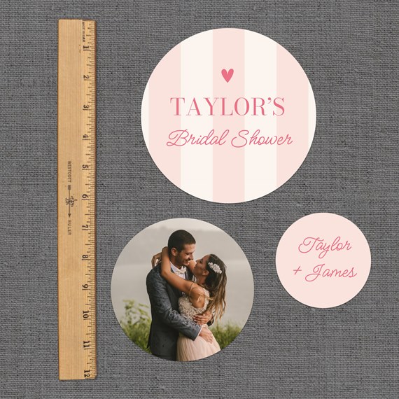 circular confetti with pink stripes and text placeholders