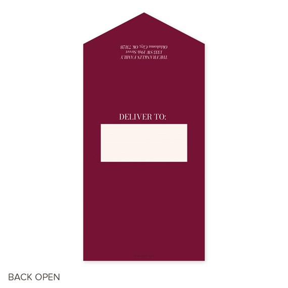 burgundy card with address label area