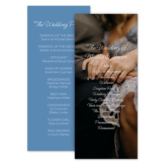Wedding program with photo area and blue background