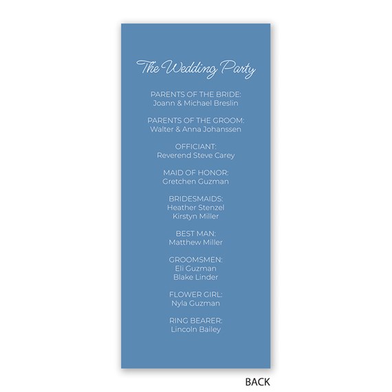 wedding program with list of wedding party members