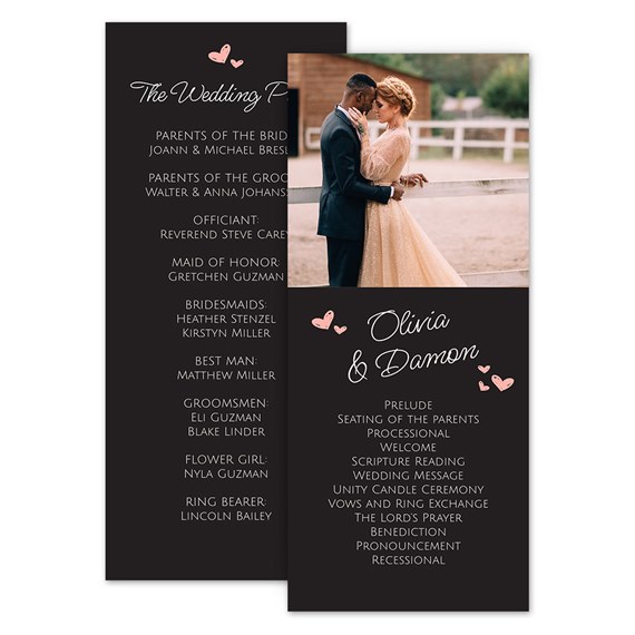 wedding program with photo area and hearts