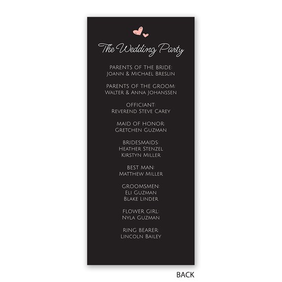 wedding program with names and hearts design