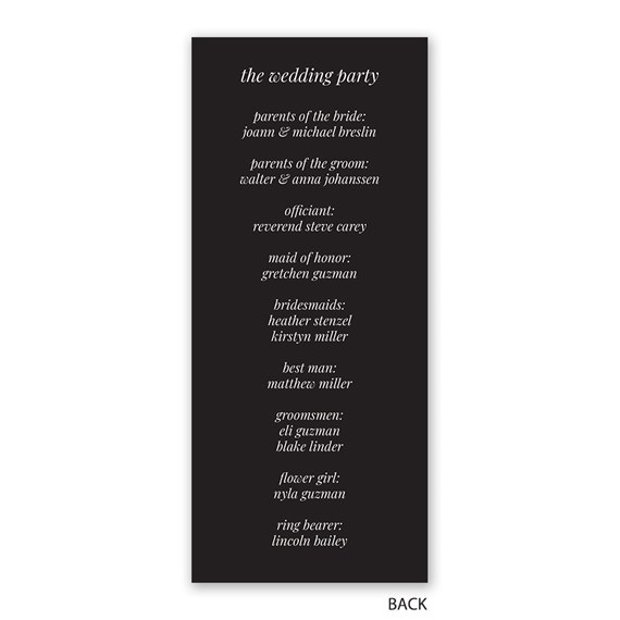 wedding program with names of wedding party members on a black background