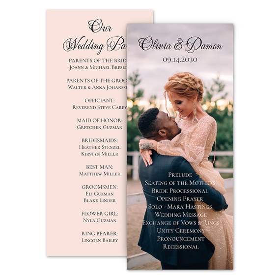 wedding program with photo area and text details