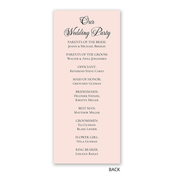 wedding program with names and roles listed