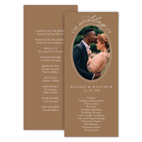 wedding program with photo placeholder and text details