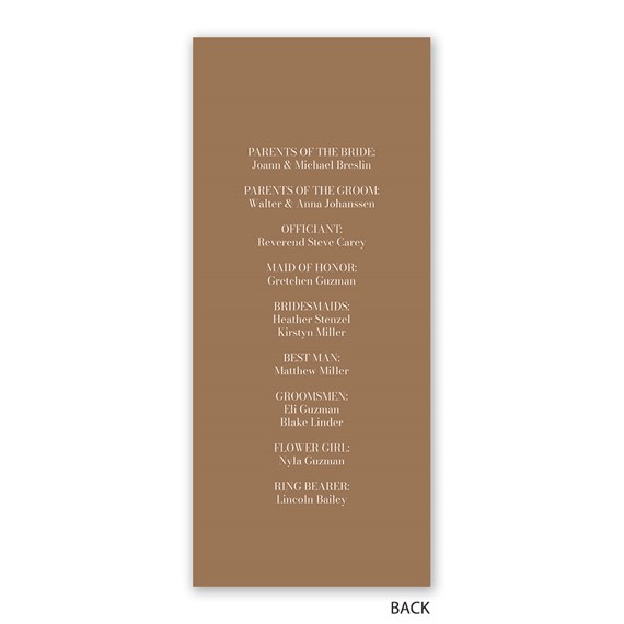 wedding program with names listed in white text on brown background