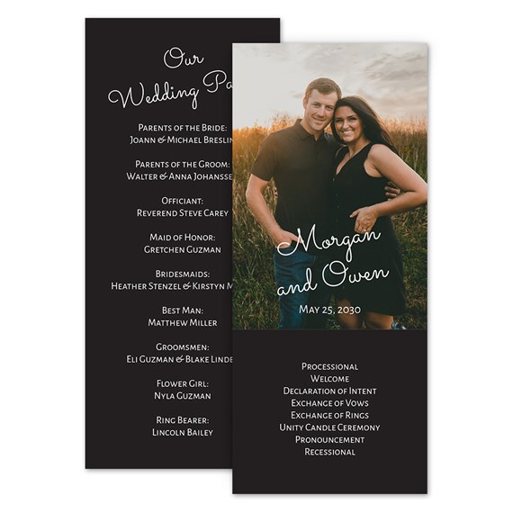 wedding program with photo area and text