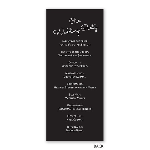 wedding program with names and roles listed