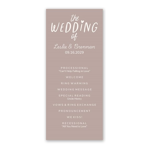 wedding program with schedule and names