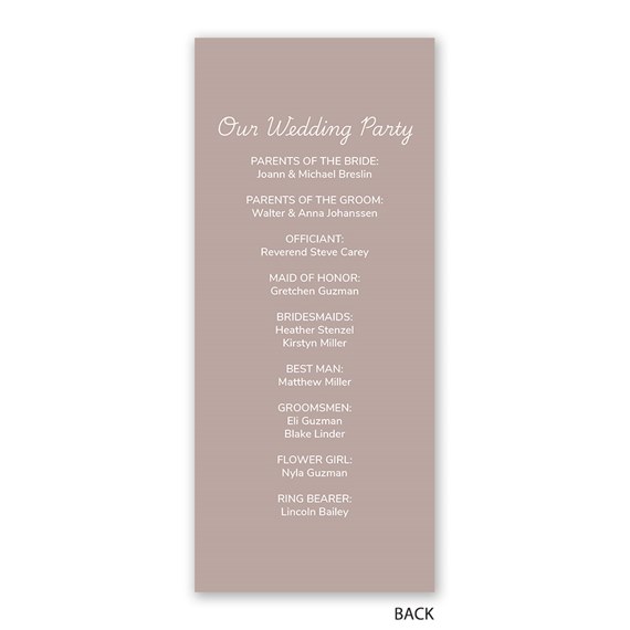 wedding program with names and titles on light brown background