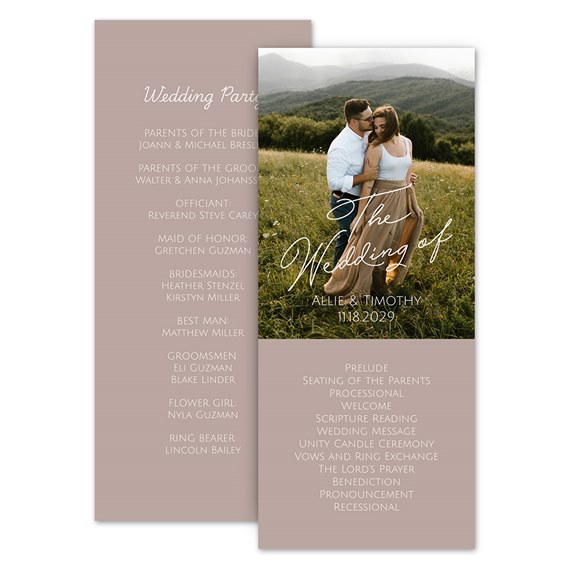 wedding program with photo area and beige background